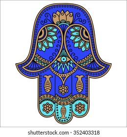 Color Hamsa, símbolo dibujado a mano. Decoración de estilo oriental para la decoración interior y dibujos de henna. El antiguo signo de "Mano de Fátima".