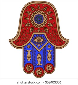 Color Hamsa hand drawn symbol. Decorative pattern in oriental style for the interior decoration and henna drawings. The ancient sign of "Hand of Fatima".