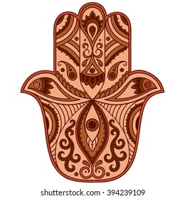 Color Hamsa hand drawn symbol. Decorative pattern in oriental style for the interior decoration and henna drawings. The ancient sign of "Hand of Fatima".