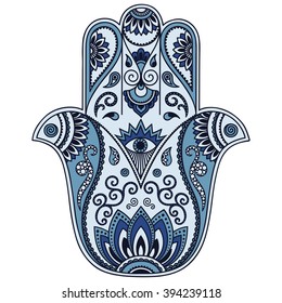 Color Hamsa hand drawn symbol. Decorative pattern in oriental style for the interior decoration and henna drawings. The ancient sign of "Hand of Fatima".