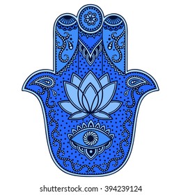 Color Hamsa, símbolo dibujado a mano. Decoración de estilo oriental para la decoración interior y dibujos de henna. El antiguo signo de "Mano de Fátima".