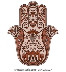 Color Hamsa hand drawn symbol. Decorative pattern in oriental style for the interior decoration and henna drawings. The ancient sign of "Hand of Fatima".