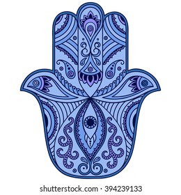 Color Hamsa hand drawn symbol. Decorative pattern in oriental style for the interior decoration and henna drawings. The ancient sign of "Hand of Fatima".