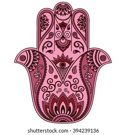 Color Hamsa hand drawn symbol. Decorative pattern in oriental style for the interior decoration and henna drawings. The ancient sign of "Hand of Fatima".