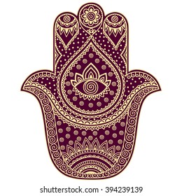 Color Hamsa hand drawn symbol. Decorative pattern in oriental style for the interior decoration and henna drawings. The ancient sign of "Hand of Fatima".