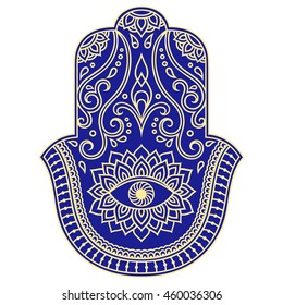 Color Hamsa hand drawn symbol. Decorative pattern in oriental style for the interior decoration and henna drawings. The ancient sign of "Hand of Fatima".
