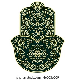 Color Hamsa hand drawn symbol. Decorative pattern in oriental style for the interior decoration and henna drawings. The ancient sign of "Hand of Fatima".