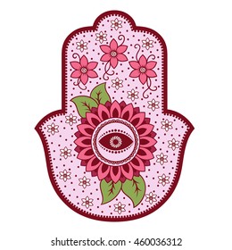 Color Hamsa hand drawn symbol. Decorative pattern in oriental style for the interior decoration and henna drawings. The ancient sign of "Hand of Fatima".