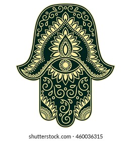 Color Hamsa hand drawn symbol. Decorative pattern in oriental style for the interior decoration and henna drawings. The ancient sign of "Hand of Fatima".