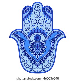 Color Hamsa hand drawn symbol. Decorative pattern in oriental style for the interior decoration and henna drawings. The ancient sign of "Hand of Fatima".