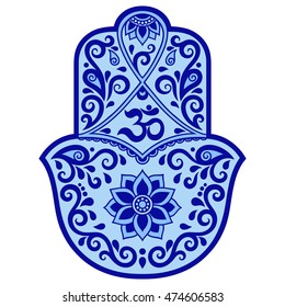 Color Hamsa hand drawn symbol with mantra OM. Decorative pattern in oriental style for the interior decoration and henna drawings. The ancient sign of "Hand of Fatima".