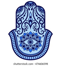 Color Hamsa hand drawn symbol. Decorative pattern in oriental style for the interior decoration and henna drawings. The ancient sign of "Hand of Fatima".