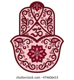 Color Hamsa hand drawn symbol with mantra OM. Decorative pattern in oriental style for the interior decoration and henna drawings. The ancient sign of "Hand of Fatima".