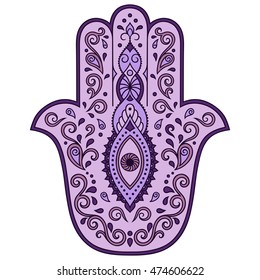 Color Hamsa hand drawn symbol. Decorative pattern in oriental style for the interior decoration and henna drawings. The ancient sign of "Hand of Fatima".