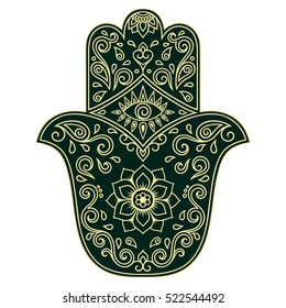 Color Hamsa hand drawn symbol. Decorative pattern in oriental style for the interior decoration and henna drawings. The ancient sign of "Hand of Fatima"