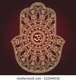 Color hamsa hand drawn symbol with mantra OM. Decorative pattern in oriental style for the interior decoration and henna drawings. The ancient sign of "Hand of Fatima".