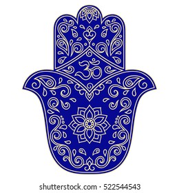 Color hamsa símbolo dibujado a mano con mantra OM. Decoración de estilo oriental para la decoración interior y dibujos de henna. El antiguo signo de "Mano de Fátima".