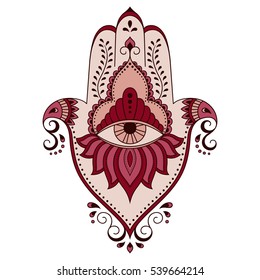 Color Hamsa hand drawn symbol. Decorative pattern in oriental style for the interior decoration and henna drawings. The ancient sign of "Hand of Fatima".
