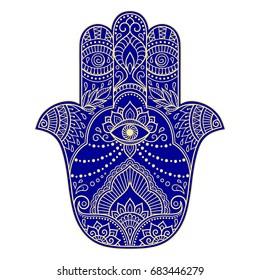 Color Hamsa hand drawn symbol. Decorative pattern in oriental style for the interior decoration and henna drawings. The ancient sign of "Hand of Fatima".