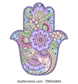 Color Hamsa hand drawn symbol. Decorative pattern in oriental style for the interior decoration and henna drawings. The ancient sign of "Hand of Fatima".