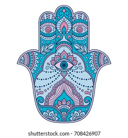 Color Hamsa hand drawn symbol. Decorative pattern in oriental style for the interior decoration and henna drawings. The ancient sign of "Hand of Fatima".