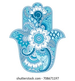 Color Hamsa hand drawn symbol. Decorative pattern in oriental style for the interior decoration and henna drawings. The ancient sign of "Hand of Fatima".