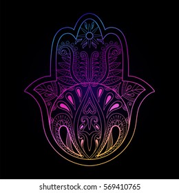 Color Hamsa hand vector illustration. Hand drawn symbol of prayer for adult anti stress coloring book cover, page in zentangle style. Tattoo design
