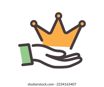 Color hand with crown icon. Confirmation upon approval, reward. Symbol of power and might. Special offer for regular customers, VIP. Sticker for social networks. Cartoon flat vector illustration