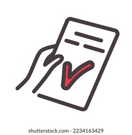 Color hand with document icon. Metaphor of approved contract, graphic element for website. Interface for programs and applications. Successful negotiations concept. Cartoon flat vector illustration