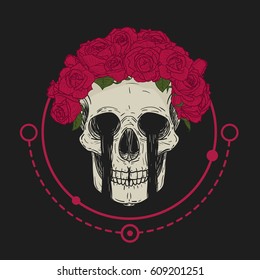 Color hand draw Crying human skull with flower wreath in vintage hipster style. Vector illustration.