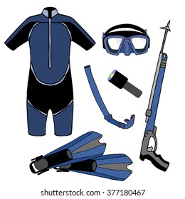 color hand draw set for flashlight with gun, diving supplies
