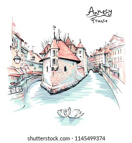 Color hand drawing, city view of the Palais de l'Isle and Thiou river in old city of Annecy, Venice of the Alps, France.