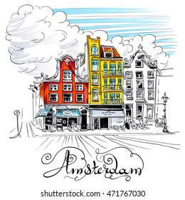 Color hand drawing, city view of Amsterdam typical houses, Holland, Netherlands.