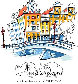 Color hand drawing, city view of Amsterdam typical houses, Holland, Netherlands.