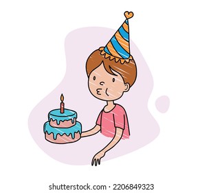 color hand drawing set of little boy blowing out birthday candles.