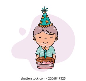 color hand drawing set of little boy blowing out birthday candles.
