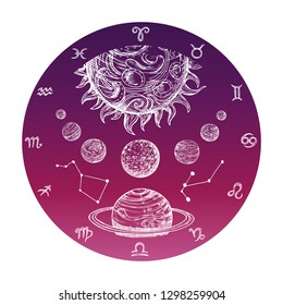 Color hand drawn astrology concept with Zodiac signs and planetary system vector illustration. Astrology and zodiac symbol horoscope