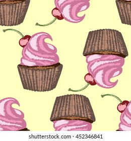 Color hand drawn cupcakes, seamless pattern with cupcakes, cupcakes with whipped cream and cherry