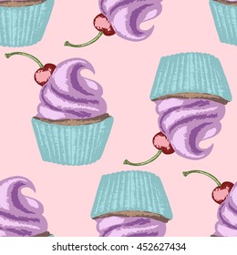 Color hand drawn cupcakes, seamless pattern with cupcakes, cupcakes with whipped cream and cherry on light-pink background
