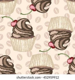 Color hand drawn cupcakes, seamless pattern with cupcakes, cupcakes with whipped cream and cherry, beige background with coffee beans pattern