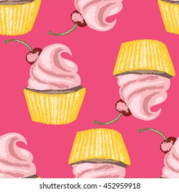 Color hand drawn cupcakes, seamless pattern with cupcakes, cupcakes with whipped cream and cherry on crimson background