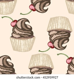 Color hand drawn cupcakes, seamless pattern with cupcakes, cupcakes with whipped cream and cherry on beige background