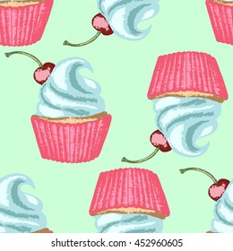Color hand drawn cupcakes, seamless pattern with cupcakes, cupcakes with whipped cream and cherry on light-green background
