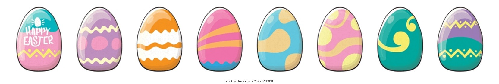 Color hand drawn Easter eggs set with different texture isolated on transparent background. Spring holiday. Vector Illustration. Happy easter egg horizontal banner. Happy easter vector design element