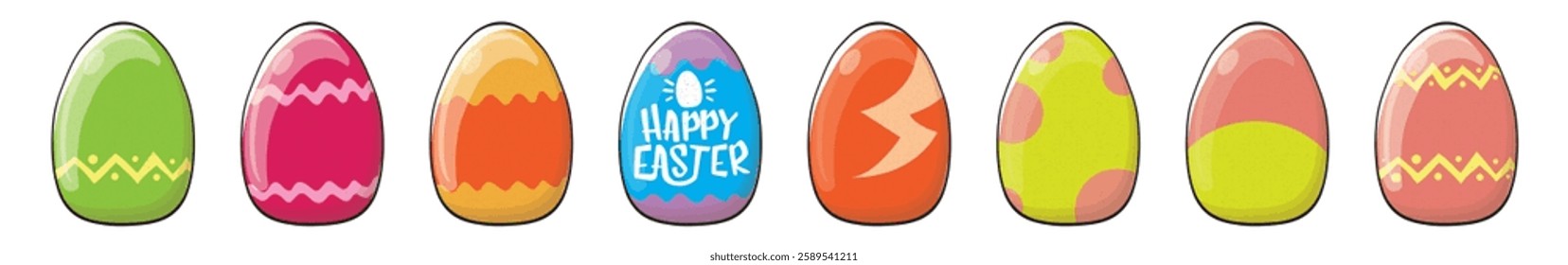 Color hand drawn Easter eggs set with different texture isolated on transparent background. Spring holiday. Vector Illustration. Happy easter egg horizontal banner. Happy easter vector design element
