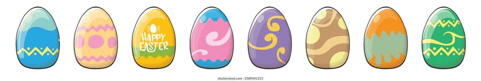 Color hand drawn Easter eggs set with different texture isolated on transparent background. Spring holiday. Vector Illustration. Happy easter egg horizontal banner. Happy easter vector design element