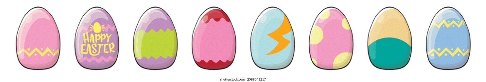 Color hand drawn Easter eggs set with different texture isolated on transparent background. Spring holiday. Vector Illustration. Happy easter egg horizontal banner. Happy easter vector design element