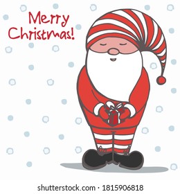 Color hand drawn illustration. Funny little elf in striped red clothes with a Christmas present in his hands. Handwritten graphic techniqe