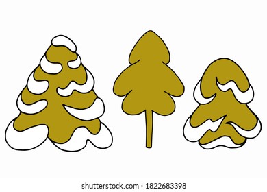 Color hand drawn illustration. Stylized graphic image of different fir trees. Handwritten graphic techniqe