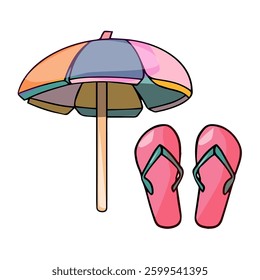 Color hand drawn illustration of a summer beach umbrella and beach pink flip flops